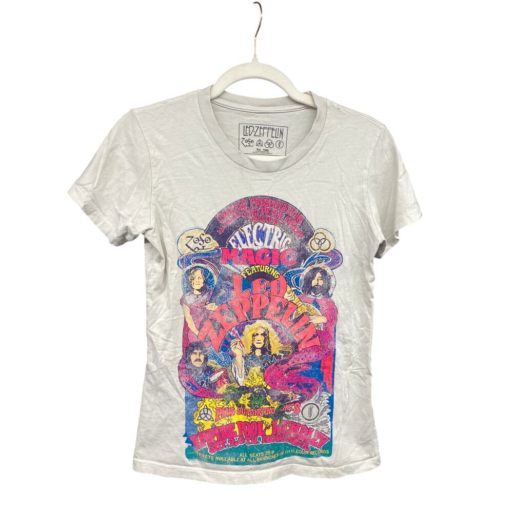 Led Zeppelin Women's White Groovy Trippy T Shirt XS Tall Petite Cotton Band Tee